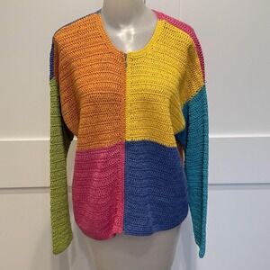 VTG David Brooks Petite Hand Crochet Colorblock Zip Cardigan Boho Cottagecore PL